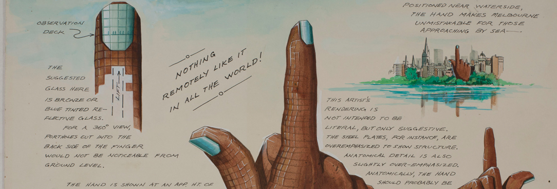 Missing the Mark drawing of a building shaped like a hand